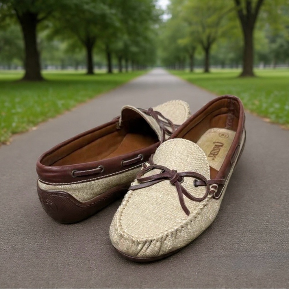 Clarks Beige Canvas & Brown Trim Slip-On Moccasins